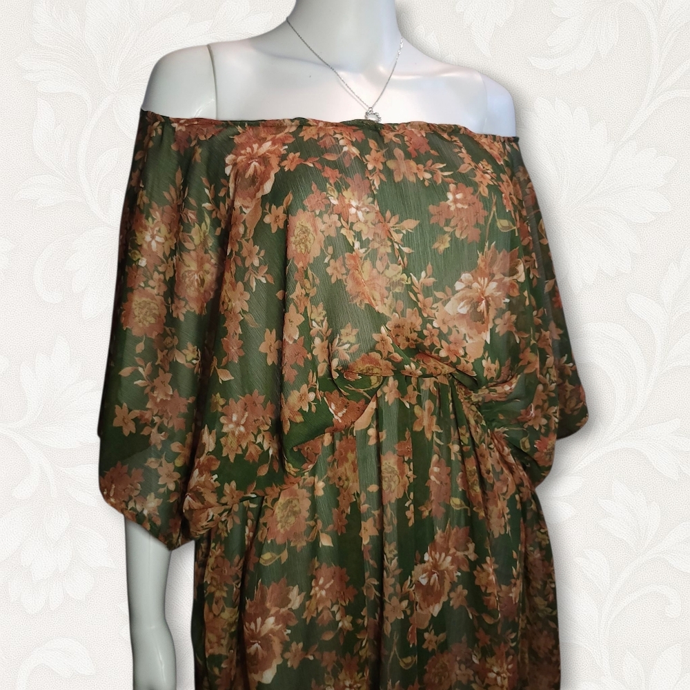 Handmade One-of-a-Kind Off-Shoulder Floral Dress – Fits Most 28”+ Stretch Waist - Picture 2 of 7